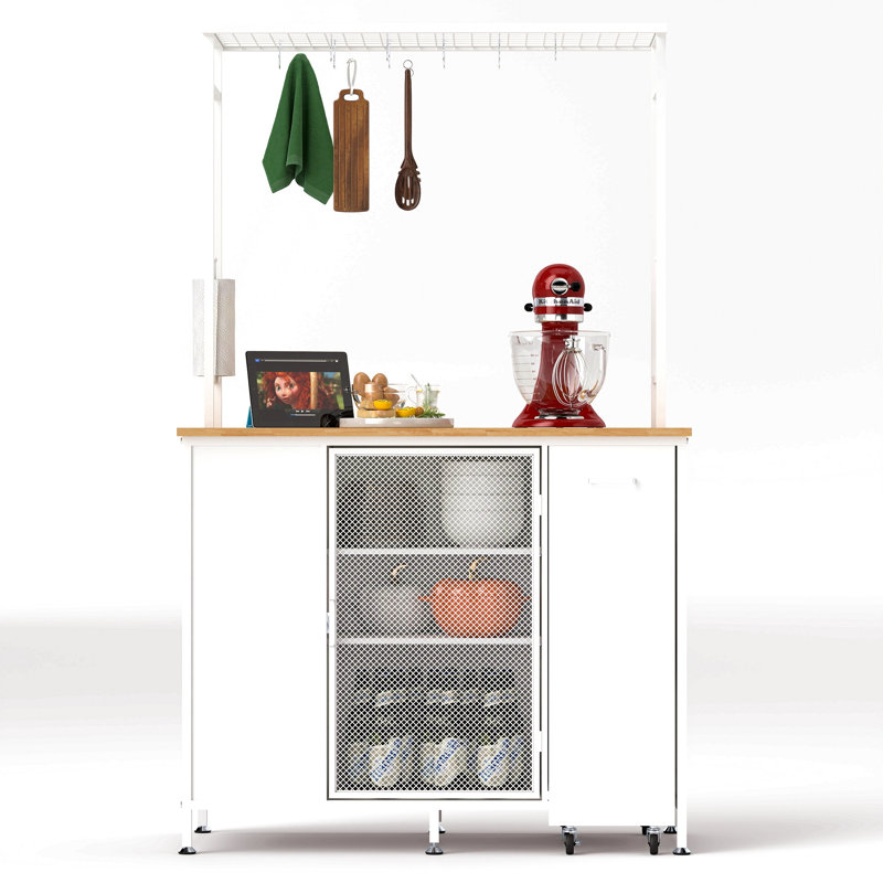 Îlot de cuisine avec espace de rangement, bar pour le petit-déjeuner avec panneau rabattable pliable, grandes armoires et tiroirs de rangement, grande table basse avec crochets