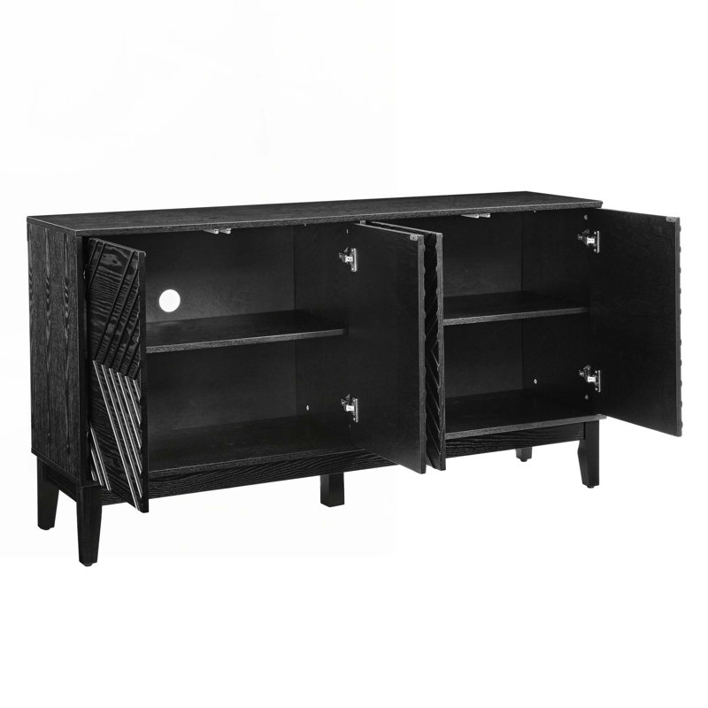 Wood Console Table with   Geometric Pattern & Adjustable Shelves, Black