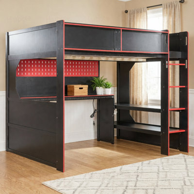 Full Size Gaming Loft Bed with Integrated Desk and Lights, Modern Wooden Bed Frame with Desk and Built-in Charging Station