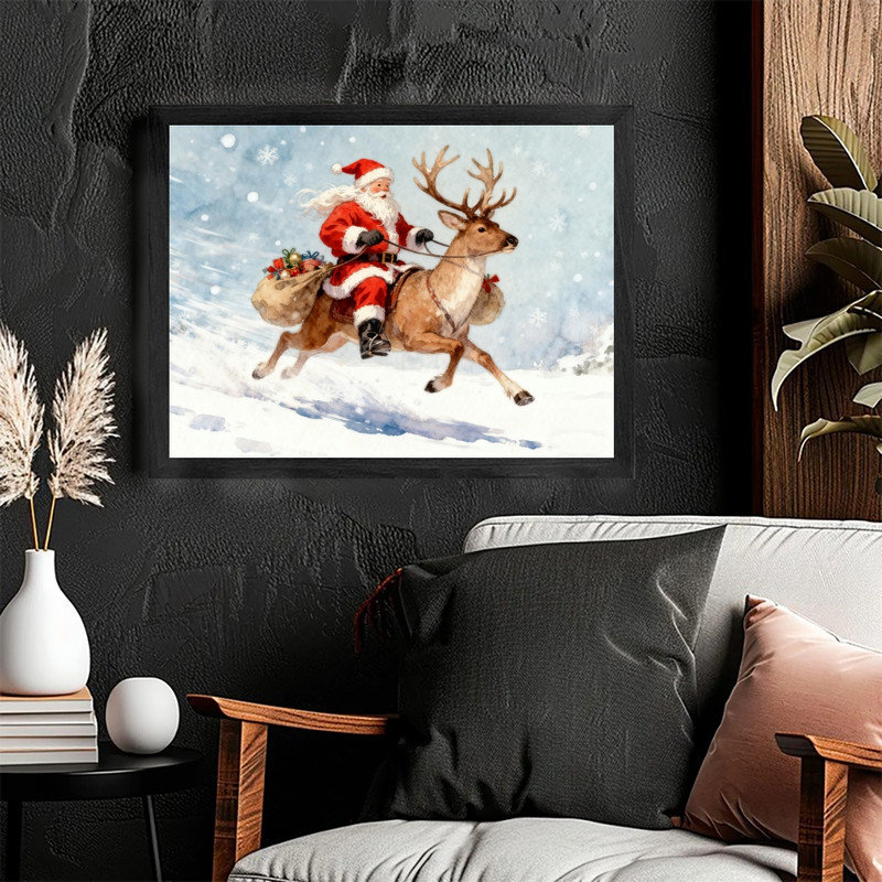 Cadre noir, aquarelle, père Noël, renne, neige, art mural, décoration festive dynamique, impression sur cadre