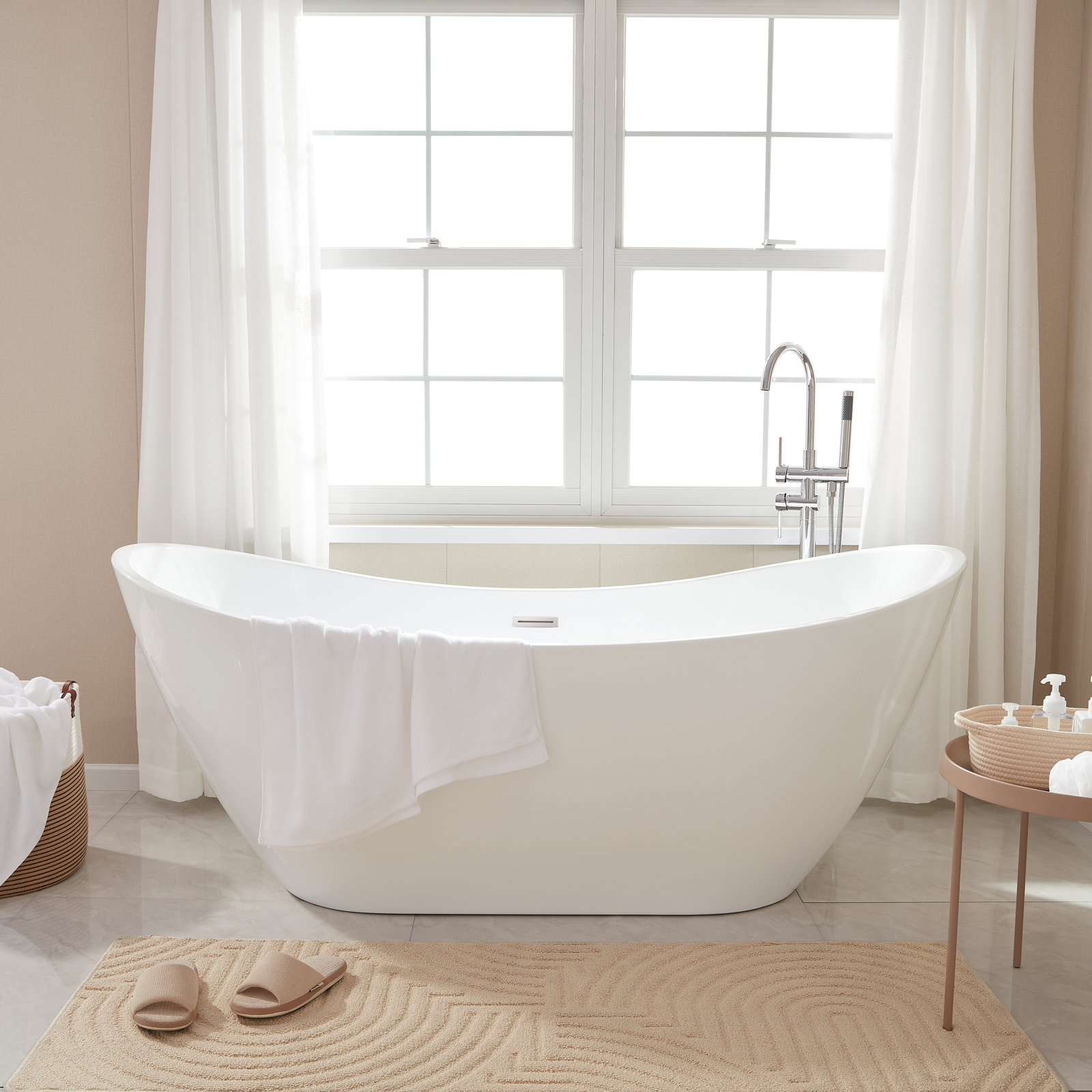 Ophelia 71" Freestanding Soaking Acrylic Bathtub, White/Polished Chrome
