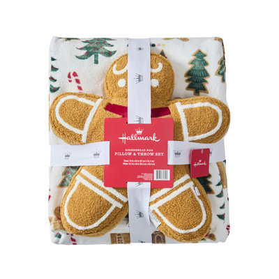 Ensemble de 2 pièces Hallmark Pain d'épices pour les fêtes : couverture en peluche et coussin décoratif