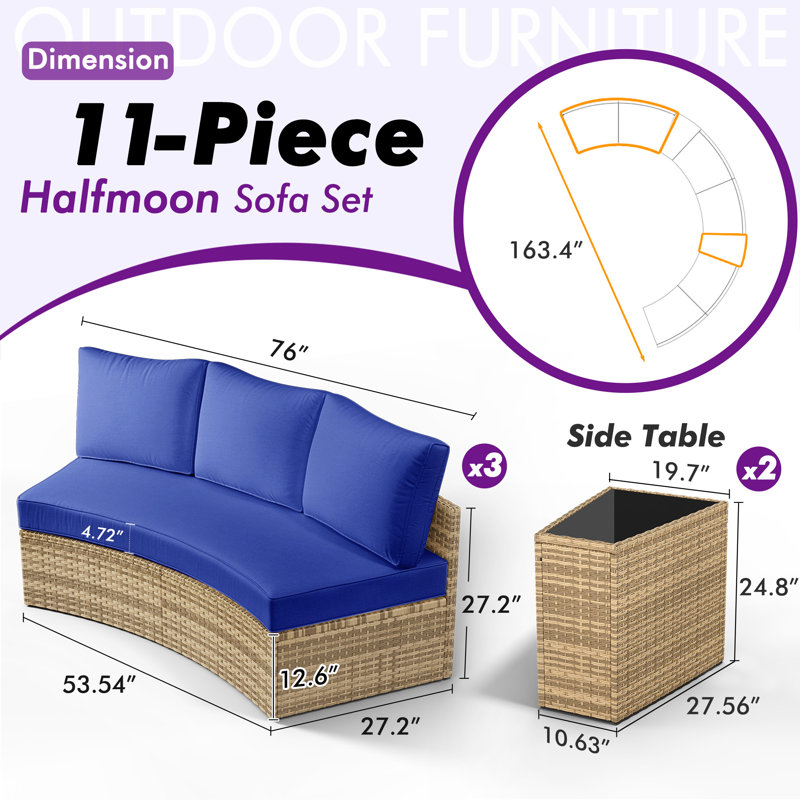 Leiny 11 Piece Rattan Sofa Seating Group With Cushions and Side Tables, Blue, Blue
