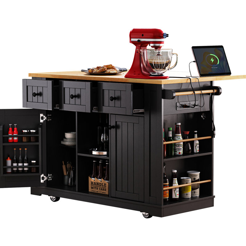 Grand chariot d'îlot de cuisine avec tablettes internes, comptoir de 53 pouces, noir pour abattant de bureau et station de charge, utilisation