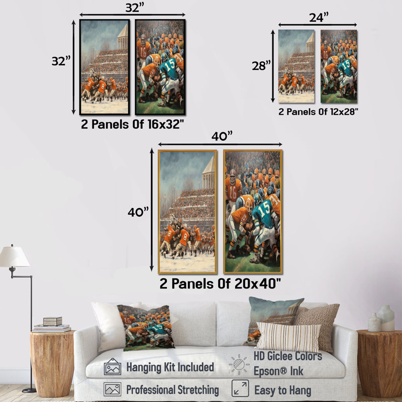 «Orange Clash I» - ensemble de 2 décorations murales de football orange, Toile tendue, H 28 po x l 25 po