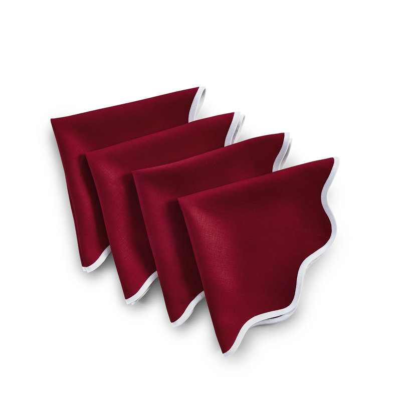 Giselle Scallop Edge - 100% Pure Linen Dinner Napkins, White/Red, 16" Round