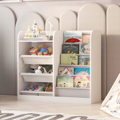 Ankush Bookshelf with Storage, 31.5" Tall Bookcase with 4 Plastic Bins & 5 Deep Storage Sling Pockets, Wooden Bookshelf Display with Shelves, Home Decor Furniture for Living Room, Bedroom, Kitchen, Home Office