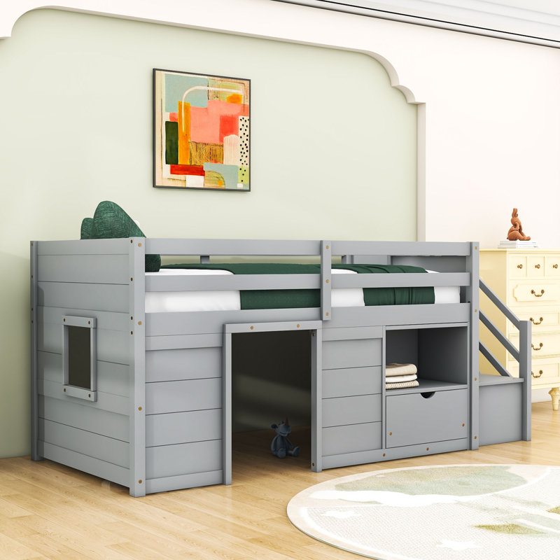 Lit simple mezzanine bas avec escalier intégré et tiroir de rangement, tablettes, Gris