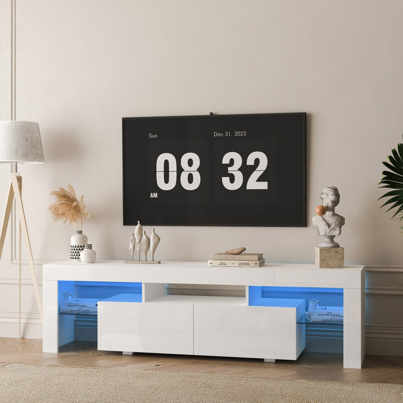 High Gloss TV Stand With LED Lights For Tvs Up To 65'', Modern TV Console With Storage Cabinets For Living Room, White
