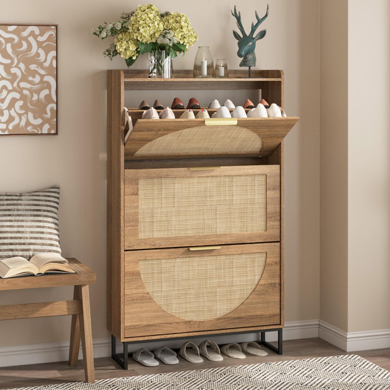 Armoire de rangement à chaussures en rotin avec 3 tiroirs rabattables
