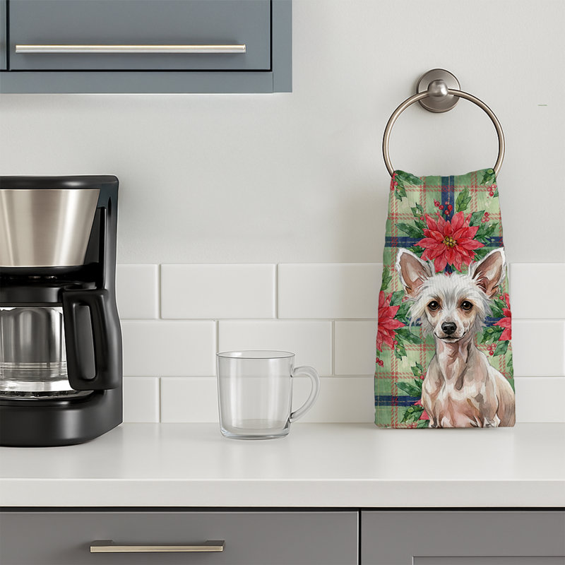 Hairless Chinese Crested Christmas PoinsettIas Kitchen Towel, Gray Hairless Chinese Crested