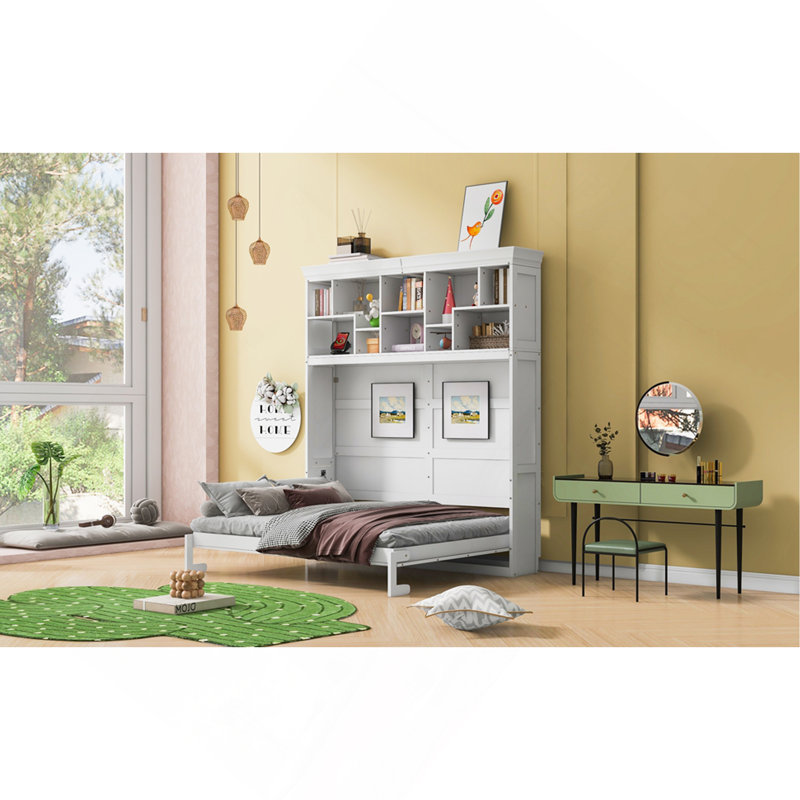 Grand lit escamotable mural avec tablettes supérieures et USB, blanc