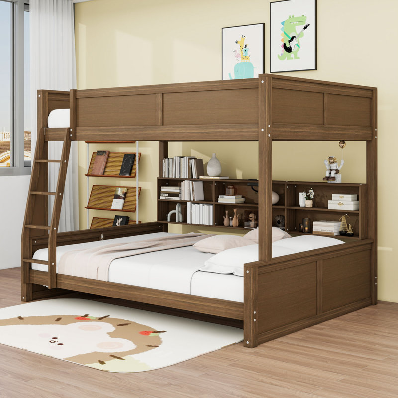 Lit superposé en bois avec rangement et ports USB, Full XL Over Queen, Bois antique