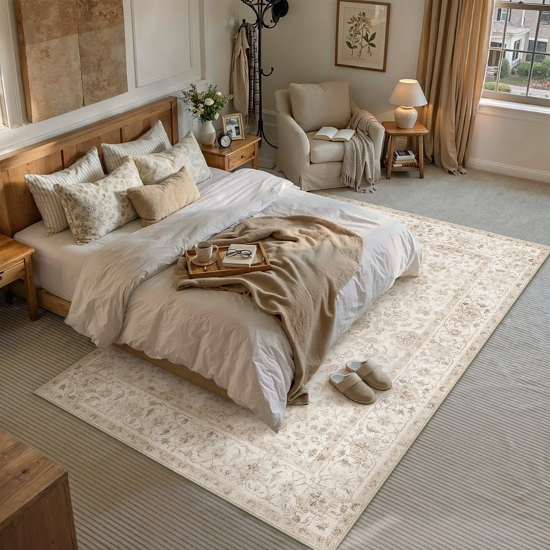 Tapis floral lavable à la machine avec envers antidérapant, Rectangle 6' x 9', Beige