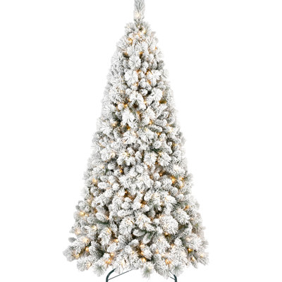 Flocked Christmas Tree 7ft Tall, 450 Warm White Led Lighting, 1060 Snowy Tips, & Hard Needle Branches, Hinged Structure For Fast Setup, Stand 84 - Inch Boasting , Realistic System Metal Support