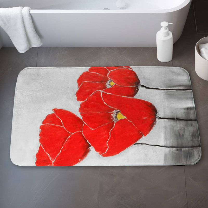 Three poppies Bath Mat with Non-Slip Backing - Quick Dry Memory Foam Bathroom Rug - Absorbent - Modern Plush Spa-Style - Machine Washable