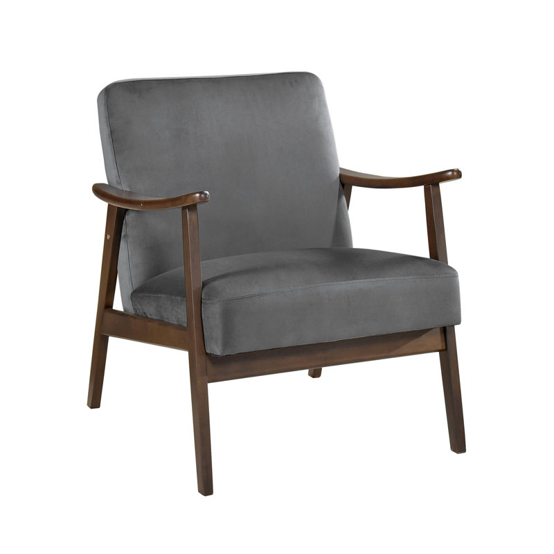 Fauteuil d'appoint moderne du milieu du siècle avec revêtement en velours gris foncé et structure en bois massif