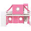 Lit simple mezzanine rose avec tente et tour, pin de qualité, fenêtre en forme, sous espace pour chevalet d'art en pin massif, style élégant, sacs à dos spacieux