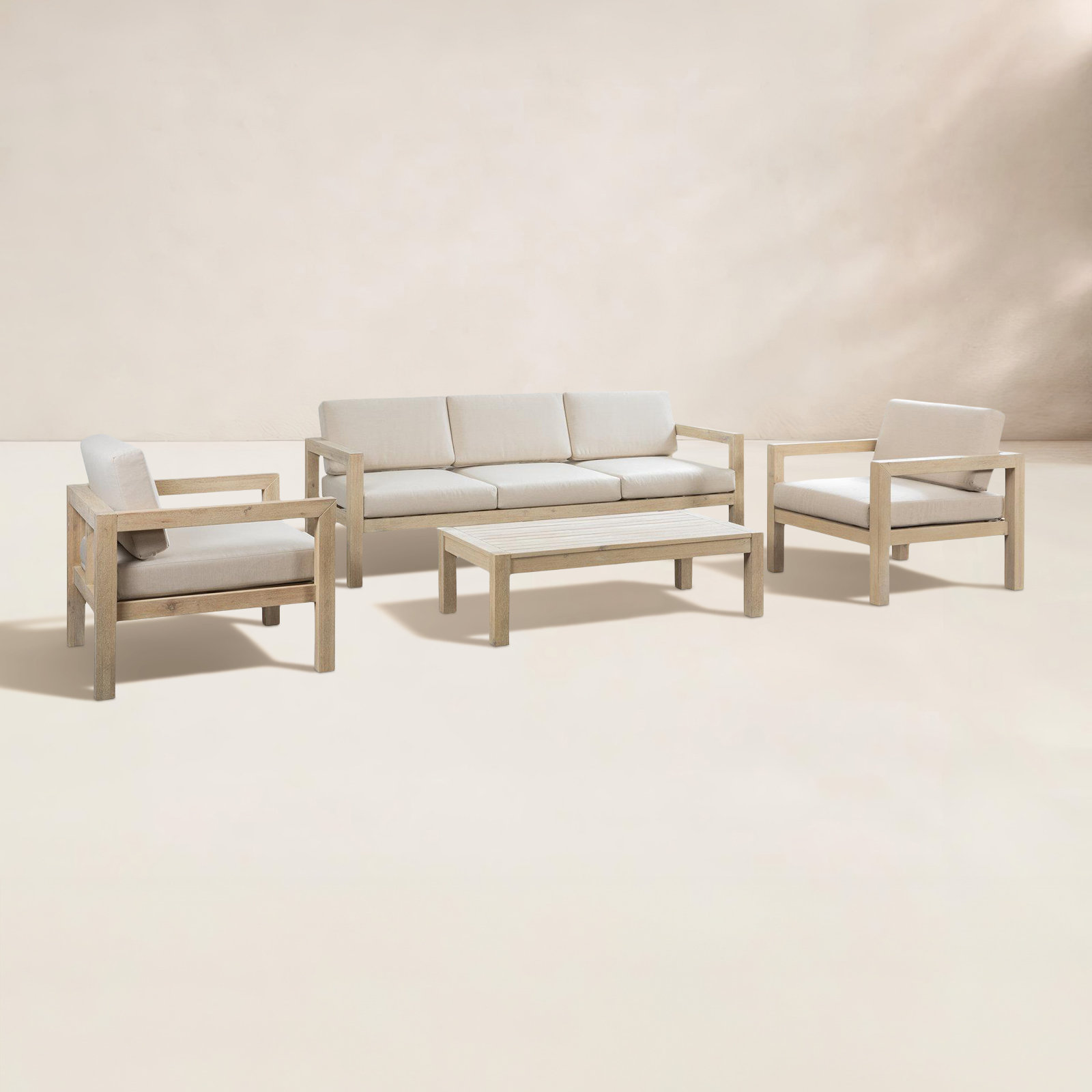 Rosa 5-Person Eucalyptus Patio Seating Group, 4 Pcs: Table, Sofa, 2 Chairs