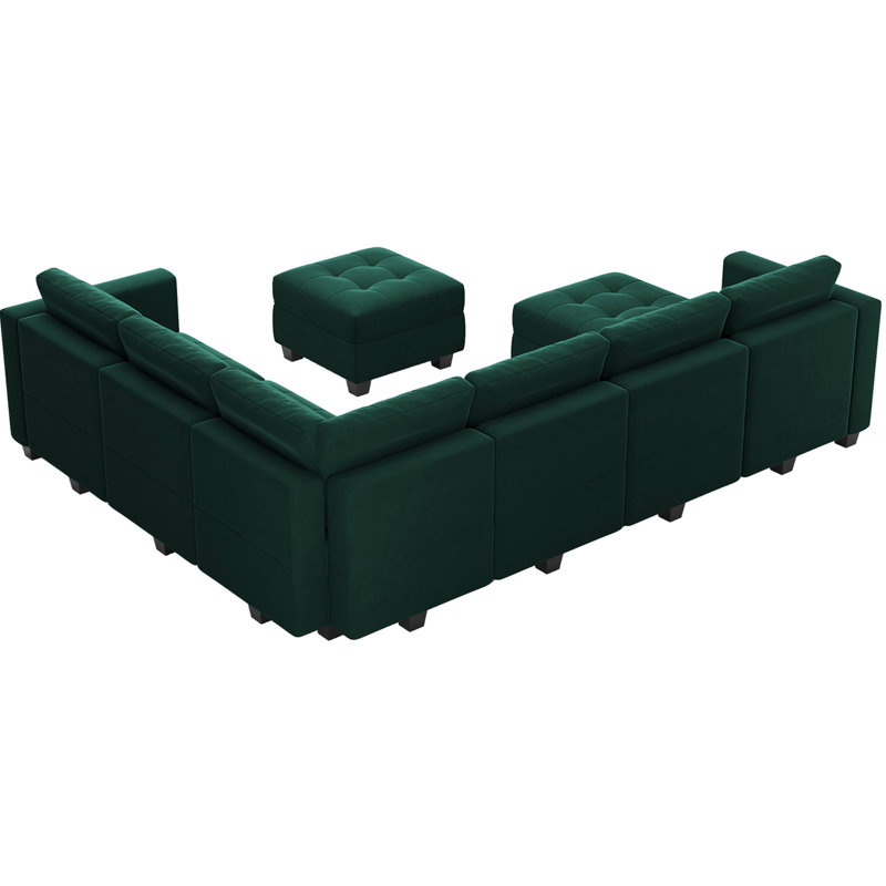 143" W Reversible Modular Sectional with Storage Ottoman , Green Velvet 
