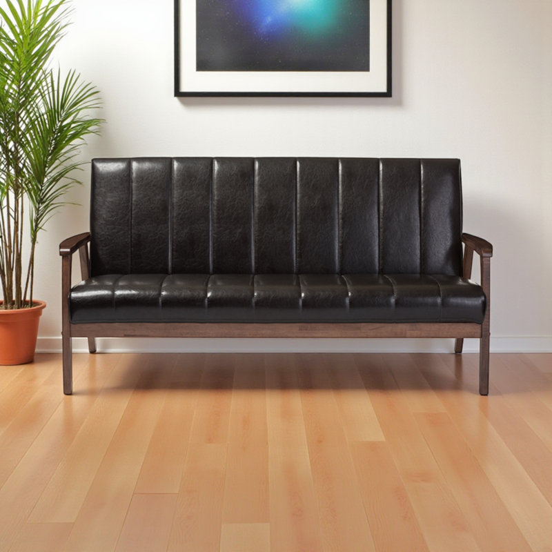 Canapé 3 places Daventry en similicuir brun de style Mid-Century moderne, H 31,33 po x l 63,09 po x P 29,3 po, Marron foncé