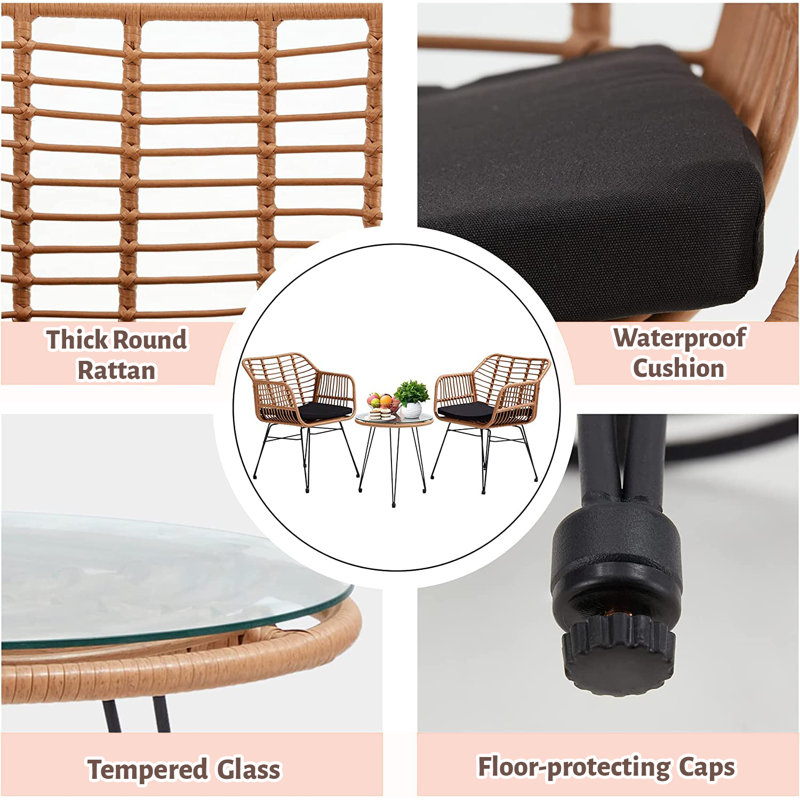 3-Piece Wicker Patio Bistro Set - 2 Rattan Chairs & Glass Top Table, Perfect for Porch, Balcony, Backyard, Apartment & Outdoor Spaces