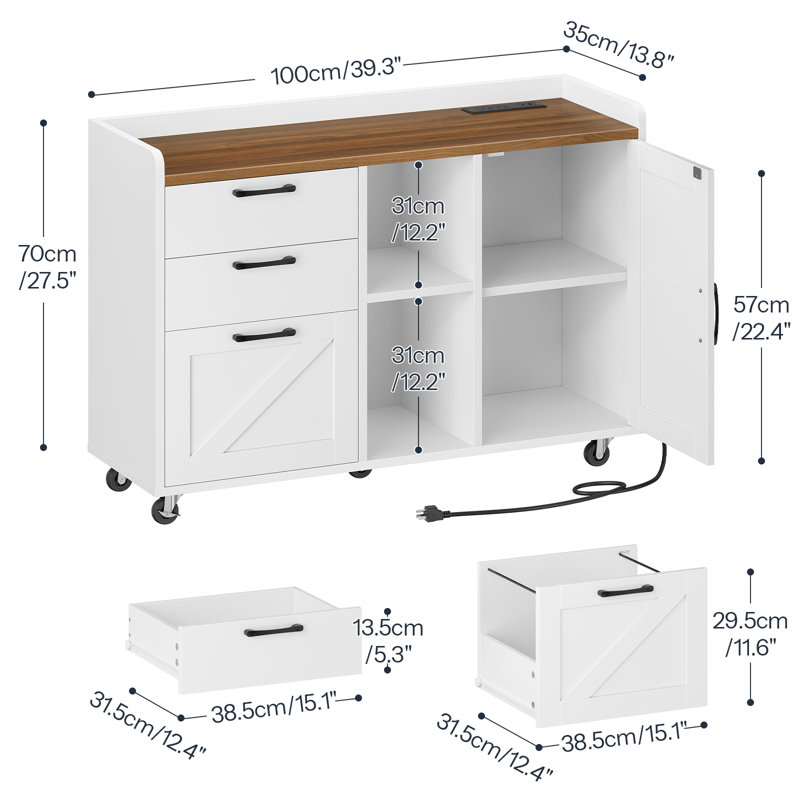 Farmhouse Filing Cabinet with Power Strip, Printer Stand with Drawers, Compartments & Storage Cabinet, for A4/Letter/Legal Size