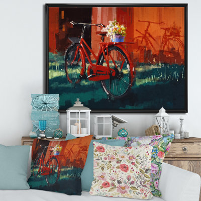 Vélo rétro rouge avec seau - peinture sur toile