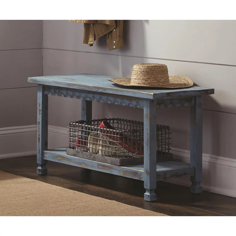 Banc rustique avec 1 tablette Jodh, en bois massif antique, parfait pour les meubles d'appoint et occasionnels, Bleu