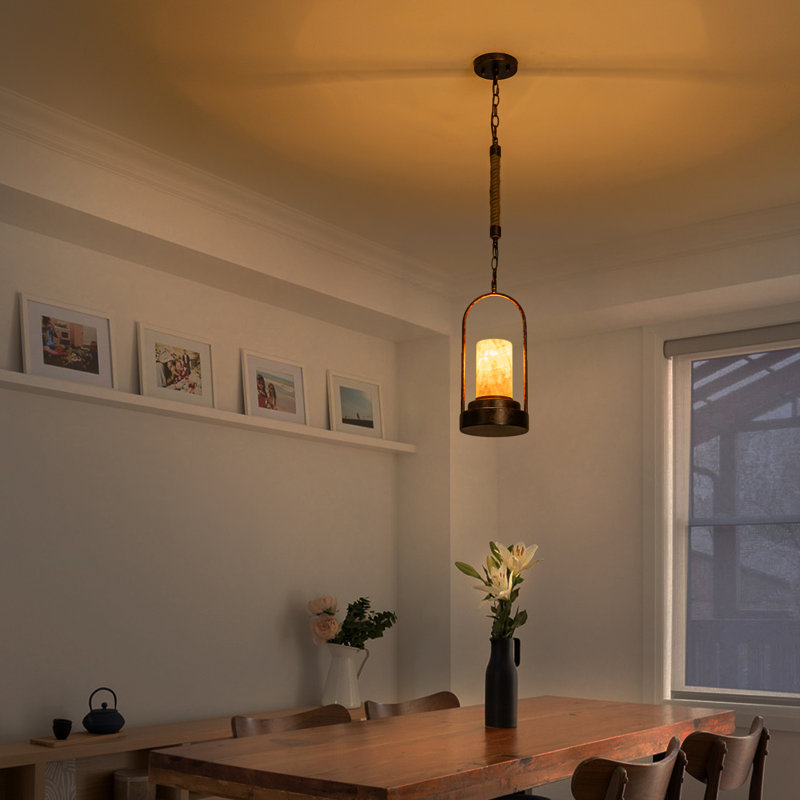 Vintage Industrial Pendant Light with Natural Alabaster Shade, U-Shaped Iron Frame with Hemp Rope Detail, Adjustable Height 34-98" for Sloped Ceilings - E26 Base, ETL Listed