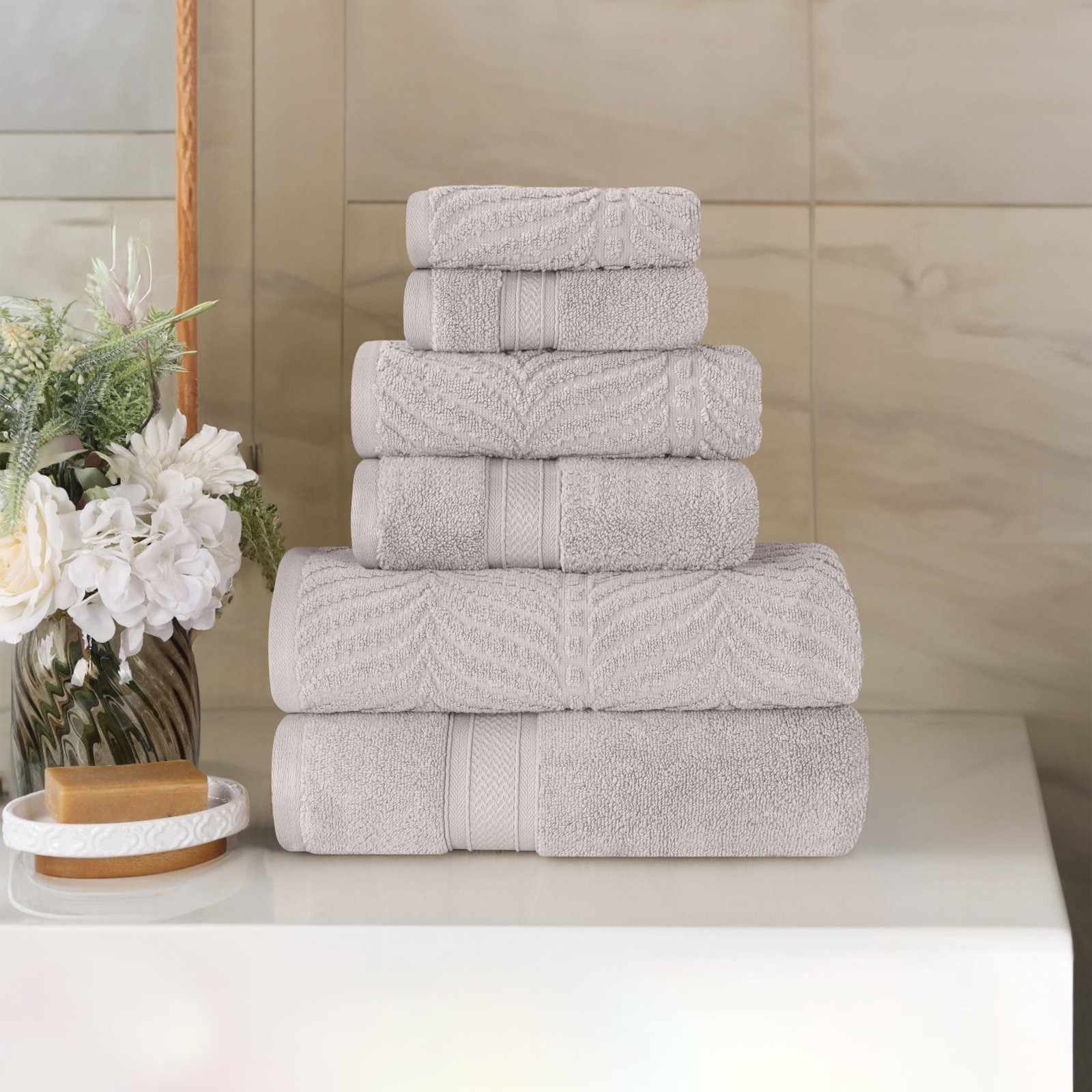 Amaretto 6-Piece Chevron Cotton Towel Set, Platinum