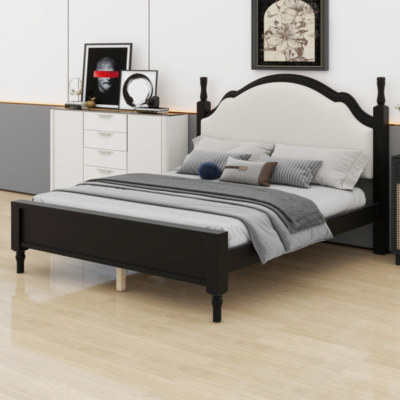 Lit plateforme en bois facile à assembler avec tête de lit tapissier, Structure noire + tissu beige