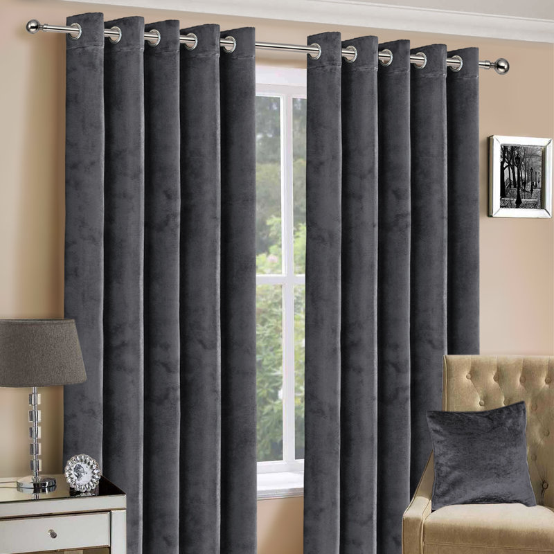 Hollange Crushed Velvet Eyelet Windows Panel Curtains, Charcoal, 168 W x 228 D cm