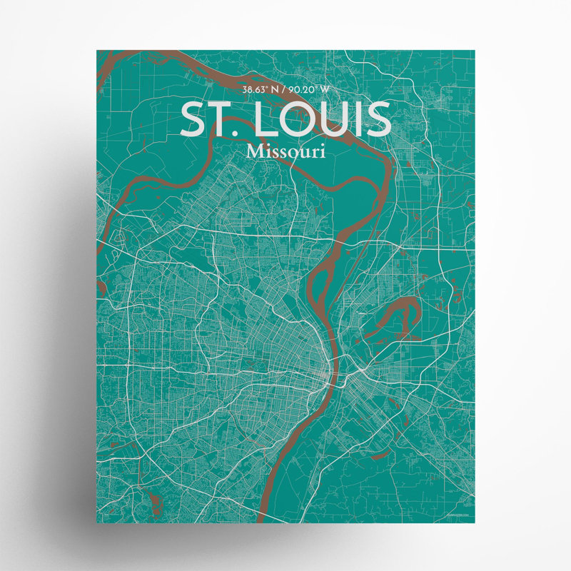 St. Louis City Map, impression, H 20 po x l 16 po, Vert / Brun