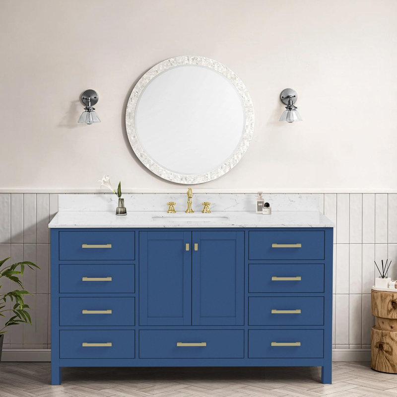 Meuble-lavabo autoportant pour la salle de bain, Bleu, Doré, 60"