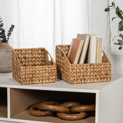 Paquet de 2 paniers gigognes inclinés en jacinthe tissés à la main avec poignées, bacs de rangement en ruppie maritime pour le salon, la chambre à coucher ou le placard