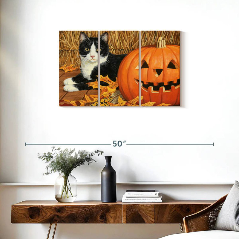 Citrouille d'Halloween et chaton noir, H 20 po x l 33 po