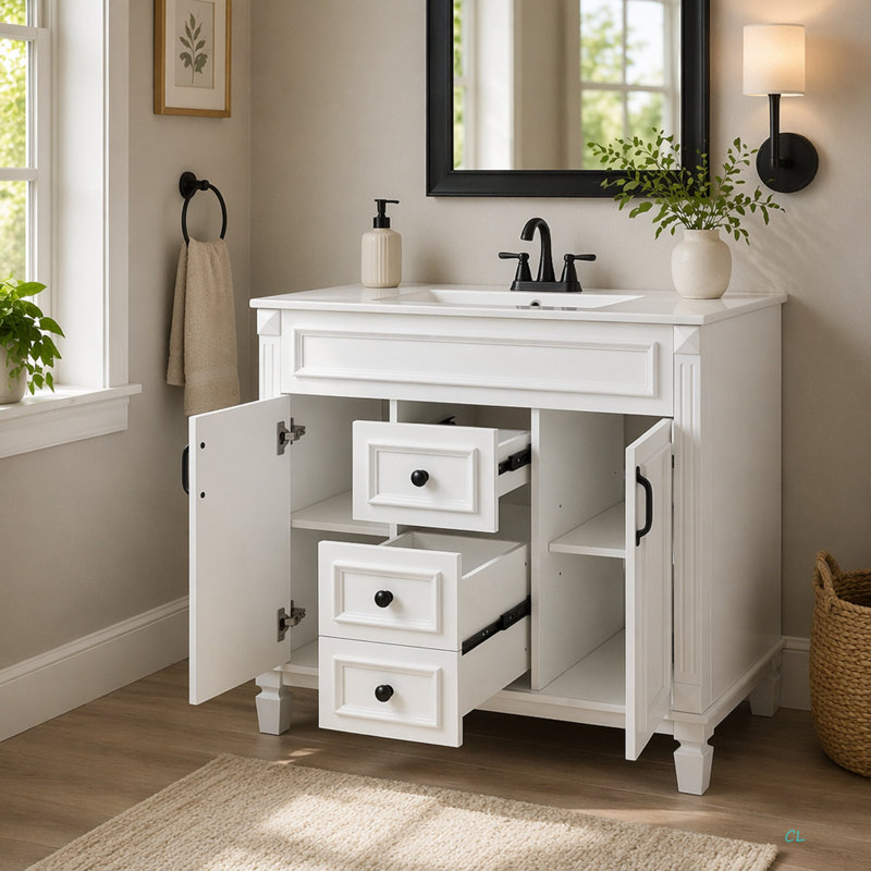 Meuble-lavabo 36 po avec lavabo supérieur, armoire de rangement moderne avec 2 portes à fermeture douce, meuble-lavabo simple