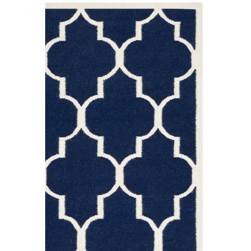 Emek Hand Woven Flat Weave Wool/Cotton Geometric Rug in Blue, Square 6'