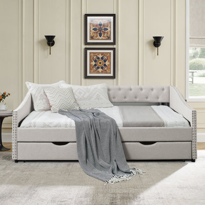 Contemporary Full Size Upholstered Daybed with Tufted Button Accents and Nailhead Trims