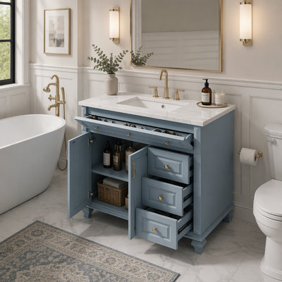Meuble-lavabo de 91 cm avec lavabo, meuble de salle de bain en bois massif gris-bleu avec tiroir rabattable, 3 tiroirs et 2 portes, design élégant avec poignées en métal doré