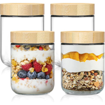Paquet de 4 bocaux en verre de 16 oz avec couvercles hermétiques et contenants d'avoine avec couvercles en bambou