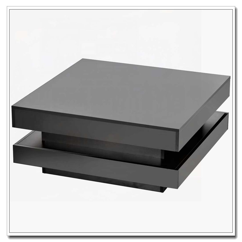 High Gloss Minimalist Design with LED Lights, 2-Tier Square Coffee Table, Centre Table for Living Room, Black