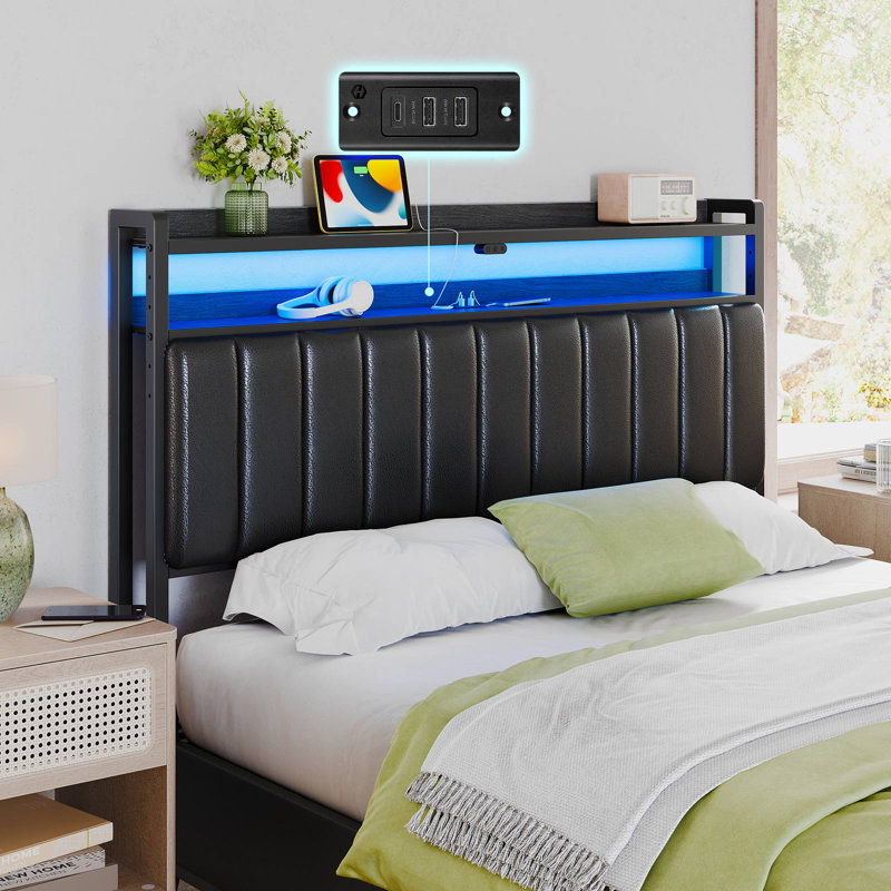Upholstered Storage Headboard with LED Lights & Charging Station - Available in Twin, Full, Queen, King Size, Queen, Black