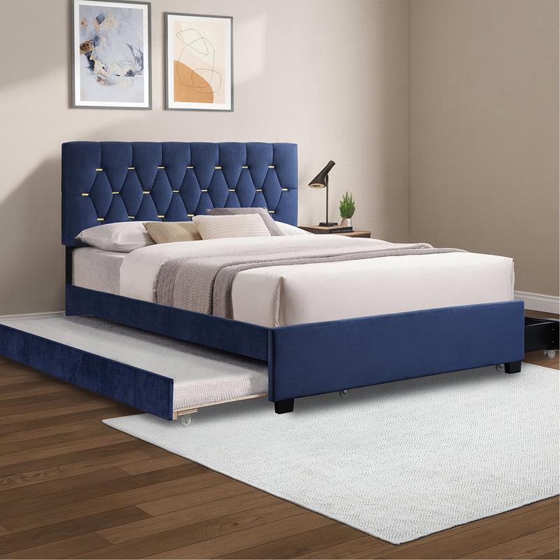 Grand lit bleu avec lit gigogne simple et deux tiroirs de rangement en tissu, matériau élégant en velours, structure idéale pour les chambres d'amis, revêtement à lattes robustes, pas de sommier tapissier requis