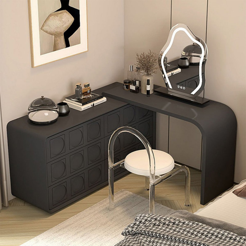 Coiffeuse avec miroir lumineux, 6 tiroirs, Noir