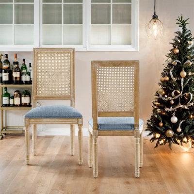 Set of 2 French Country Dining Chairs with Cane Backrest, Upholstered Seat & Fluted Rubberwood Legs