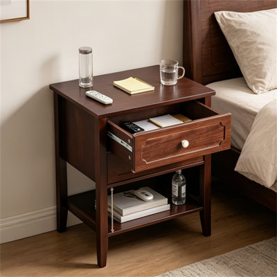 Table de chevet 28,5 po à 1 tiroir traditionnel, table de chevet en bois de cerisier foncé avec tablette de rangement ouverte, table de bout de l 22 po avec poignée blanche pour la chambre à coucher et le salon