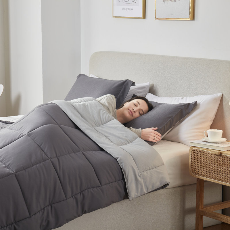 Nestl All Season Solid Lightweight Down Alternative Reversible Comforter, Twin Comforter + 1 Standard Sham, Gray/Light Gray