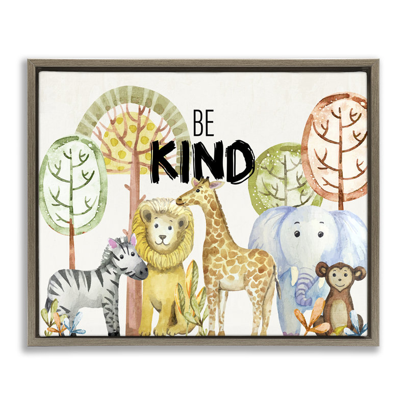 Cadre flottant Be Kind Jungle Animals, design par Kim Allen, H 25 po x l 31 po, Cadre flottant orme Montalcino
